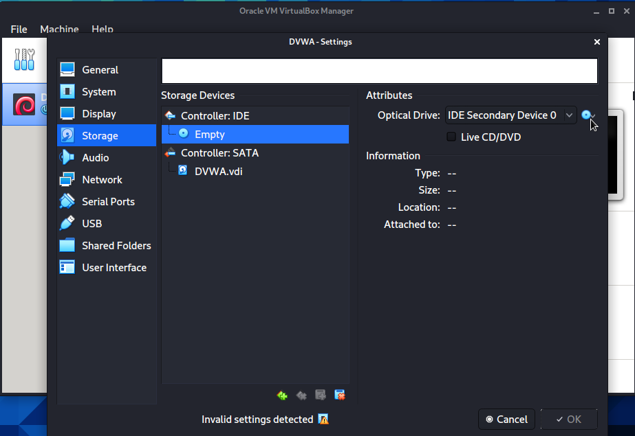 Step Four - Attaching DVWA ISO as an Optical Drive