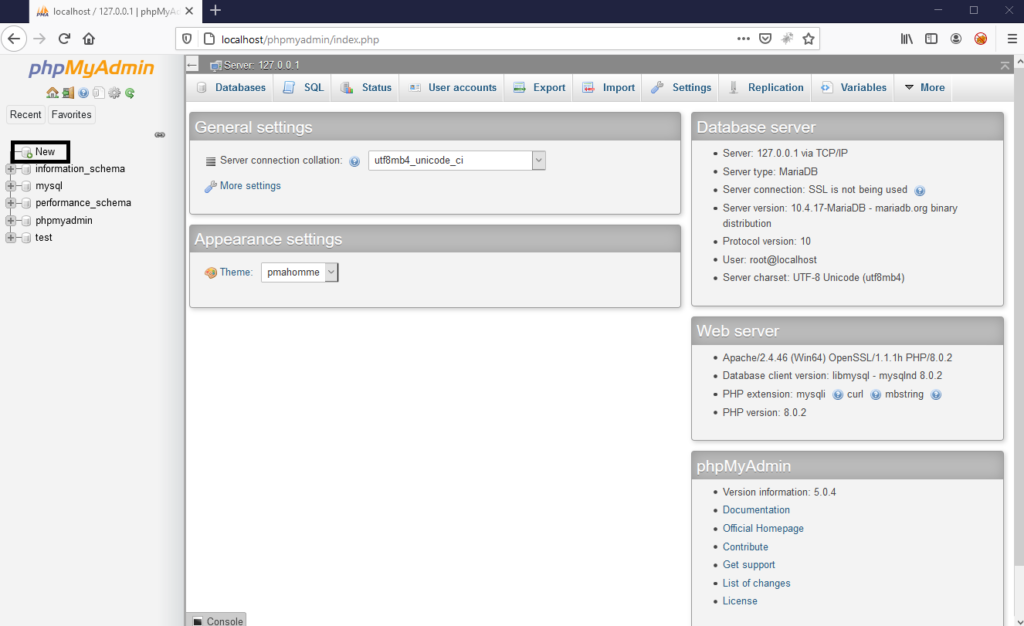 Creating Database on phpMyAdmin panel