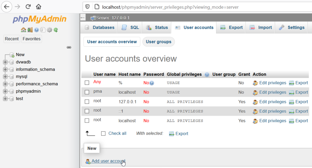 Creating User for DVWA