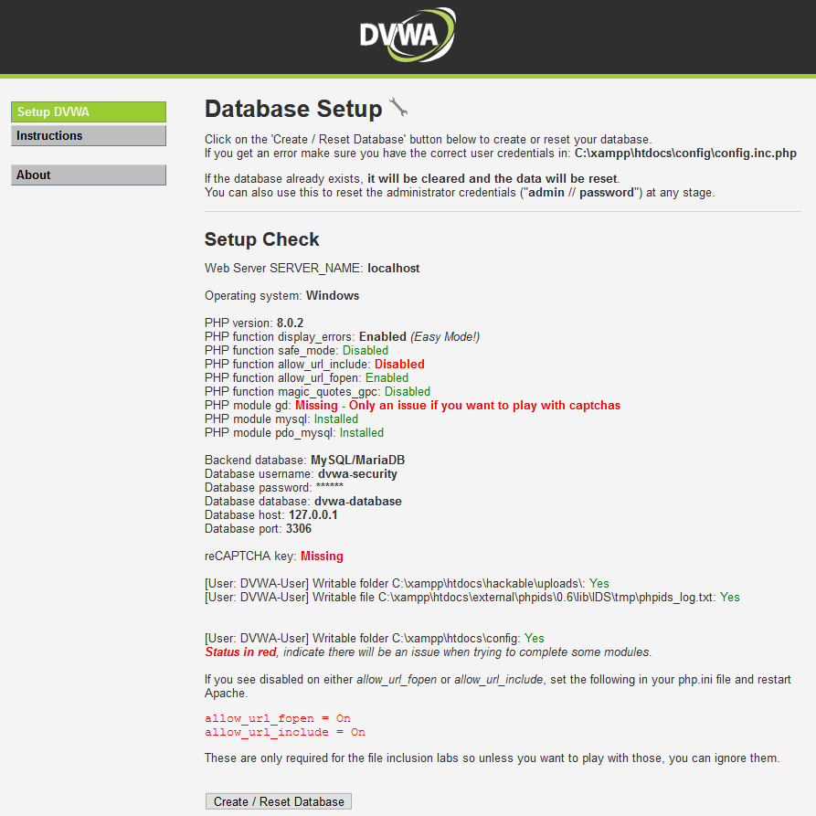 Default Damn Vulnerable Web Application Page