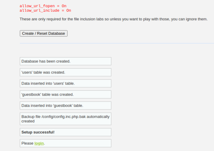 DVWA Database Creation Succeeded