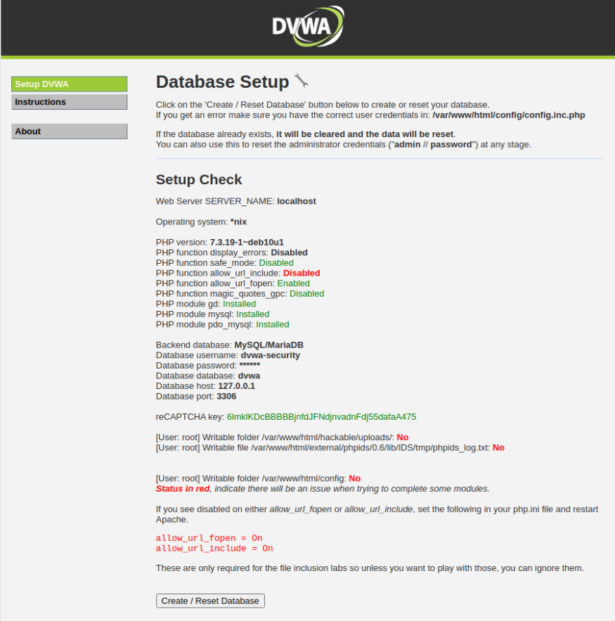 DVWA Setup Page