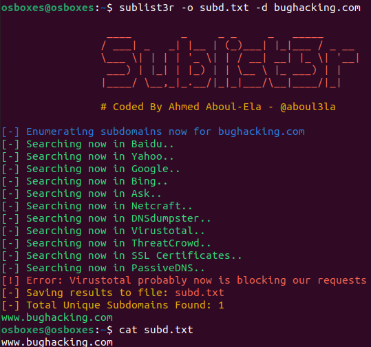 Writing output of the Sublist3r into a text file