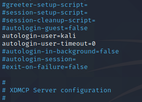 Setting the autologin-user=kali in the second place of the configuration file