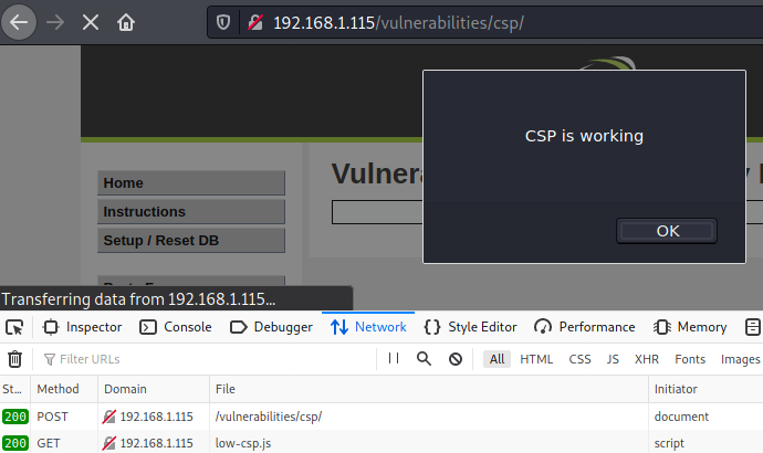 Script was Loaded Successfully for the Low Level DVWA CSP Vulnerability