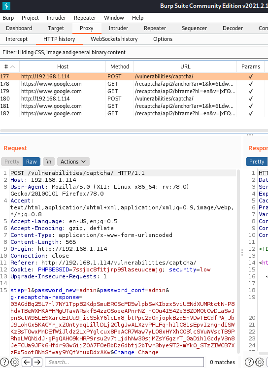 Low DVWA Captcha with Recaptcha Response