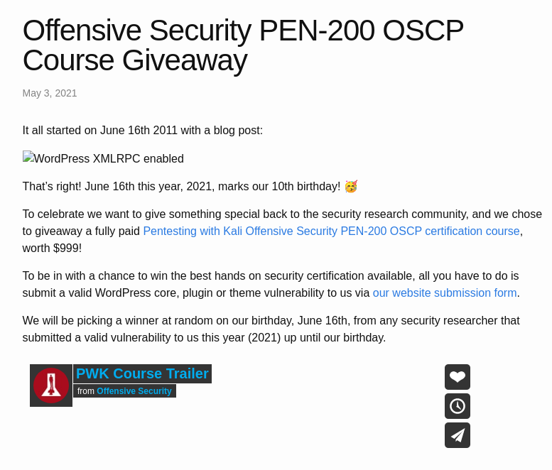 PEN-200 OSCP giveaway that was organized by the WpScan