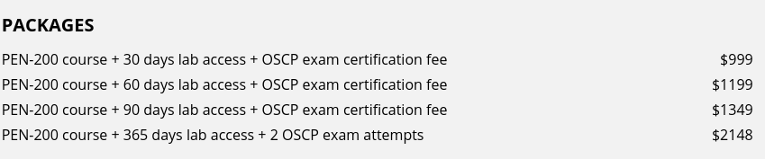 OSCP prices from the official website