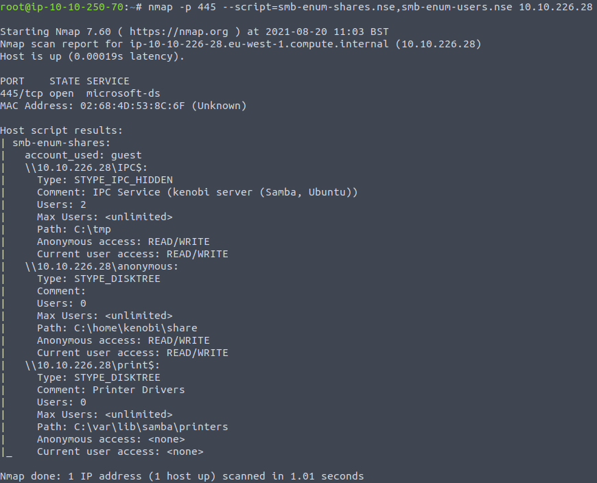 THM Kenobi SMB shares and users enumeration results