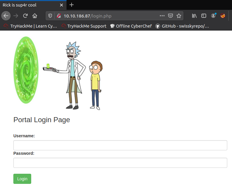 Login.php page on the Pickle Rick room