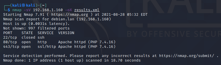 Nmap scan results were saved into XML file