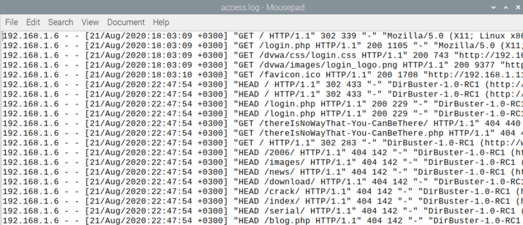 Apache logs from the system that was scanned with DirBuster