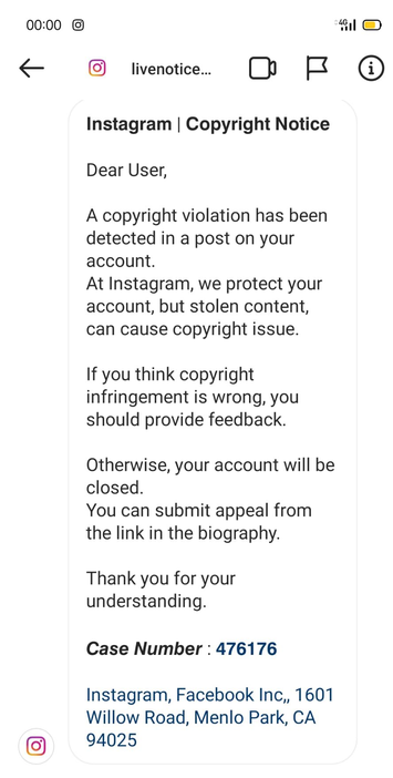 Use can get hacked via fake Instagram DM with Copyright Notice