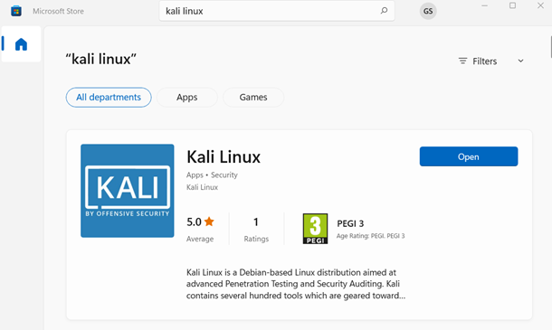 Installing the Kali Linux from Microsoft Store