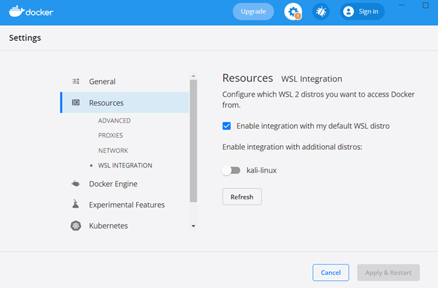 Enable integration with my default WSL distro for kali-linux