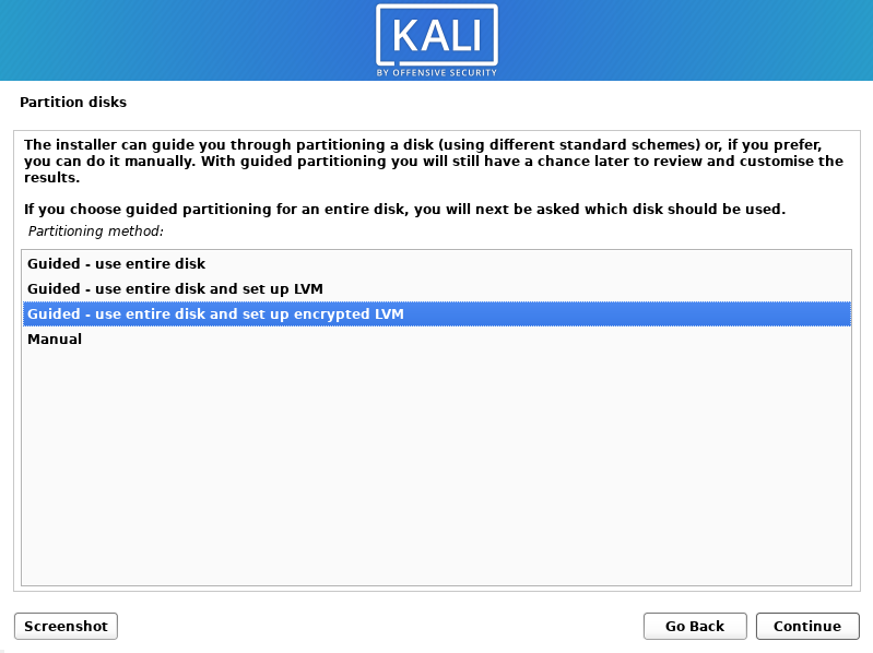 Setting Kali Linux disk encryption during the installation