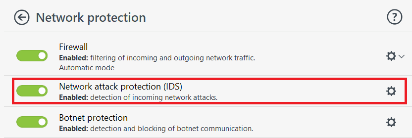 Network attack protection settings