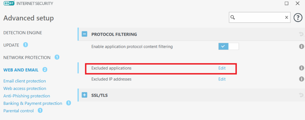 ESET protocol filtering